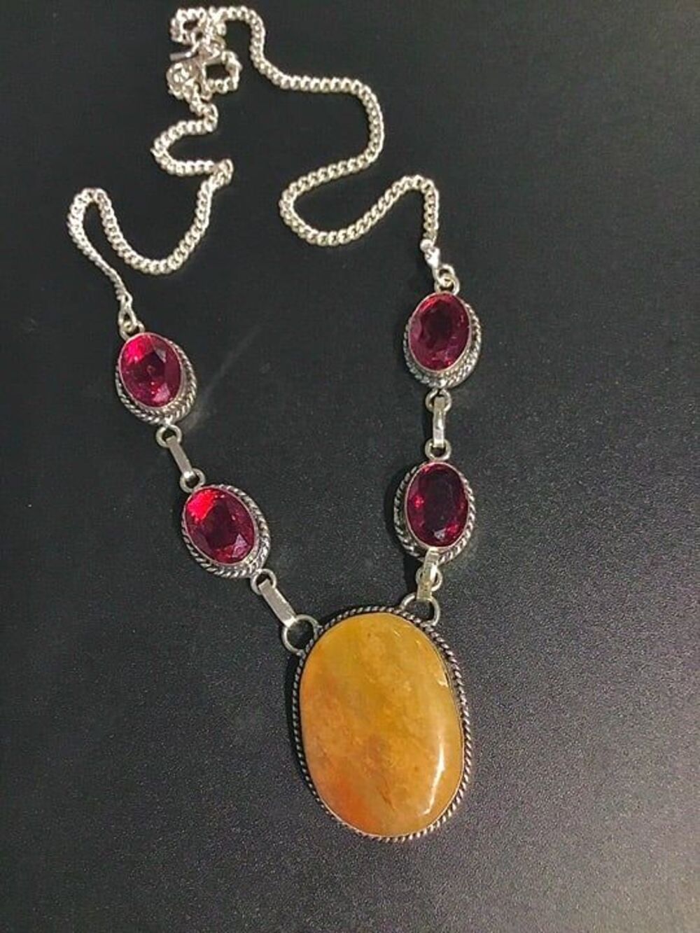Honey Moss Agate and Ruby Red Garnets in 925 Stamped Silver